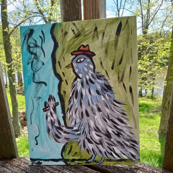 Pigeon Smoking Painting Folk Art Whimsical Decor - Picture 4 of 9